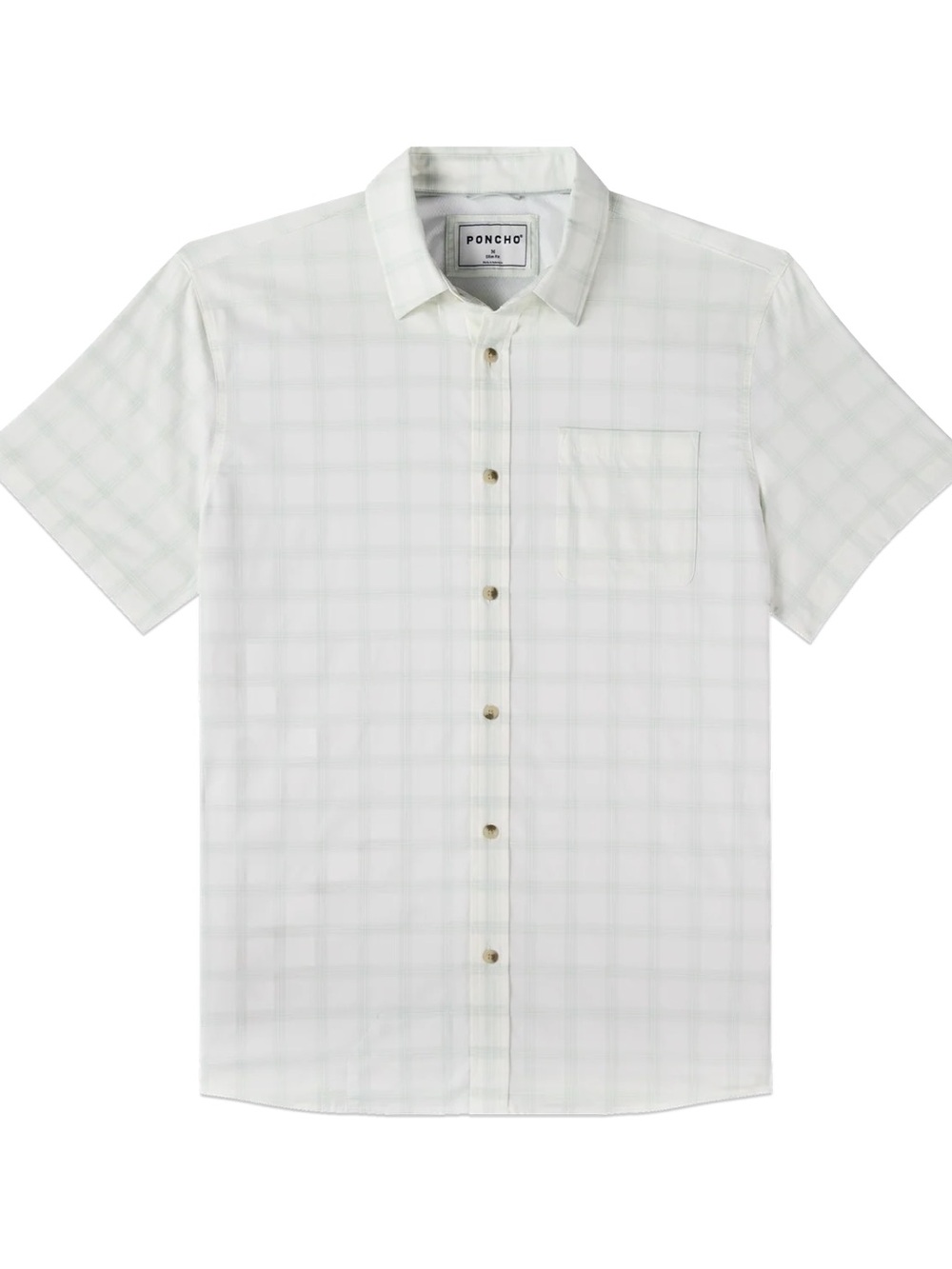 Men's Poncho Short-Sleeve Plaid Button-Up Shirt. Pale Green Plaid